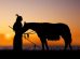 A Native American with a horse at sunset